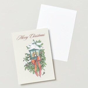 Carte de vœux Noël vintage à imprimer - lampadaire neige sapin et noeud de cadeaux