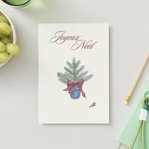 Vintage Christmas greeting card to print - fir tree and red gift bow