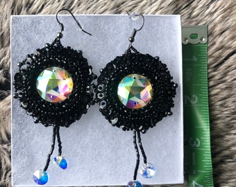 Black Native Beaded Black Earrings with Swarovski elements