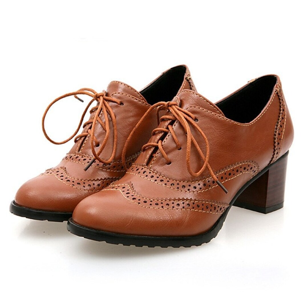 British Women Oxfords High Chunky Block Heels Pumps Brown PU Etsy