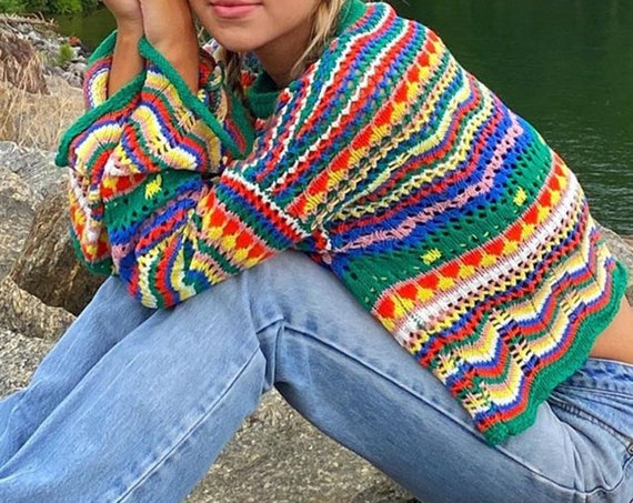 Sweater Women Long Sleeve Colorful Stripes Stitching O-neck | Etsy