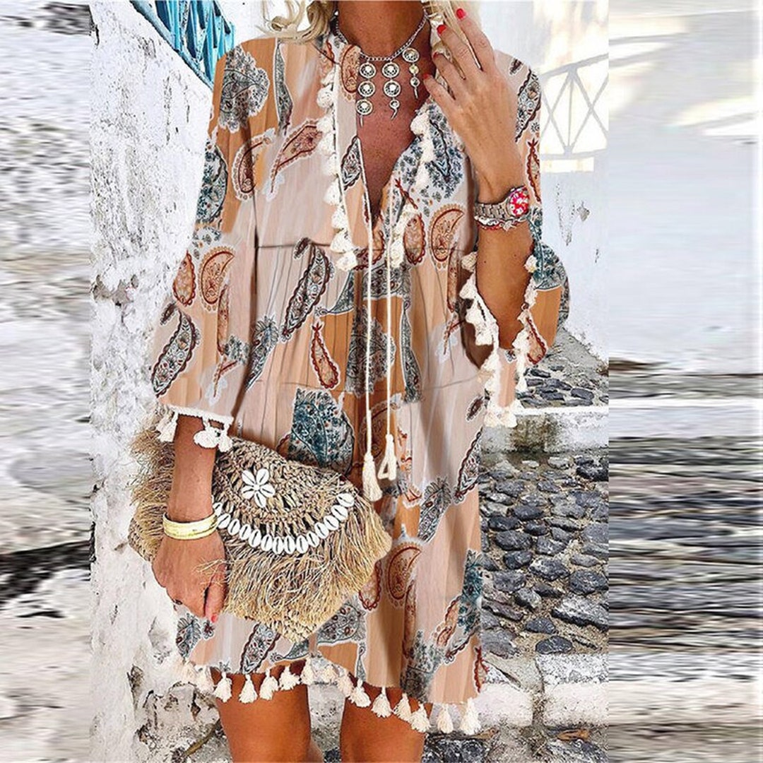 Vintage Tassel Beach Dress Women Summer Floral Print 3/4 Etsy
