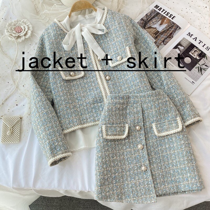 Fall Winter Tweed 3 Piece Set Korean Women's Jacket Coat Etsy