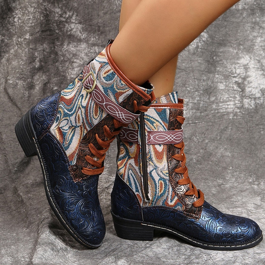 2022 Winter Women's Vintage Boots Low Heel Patchwork High - Etsy