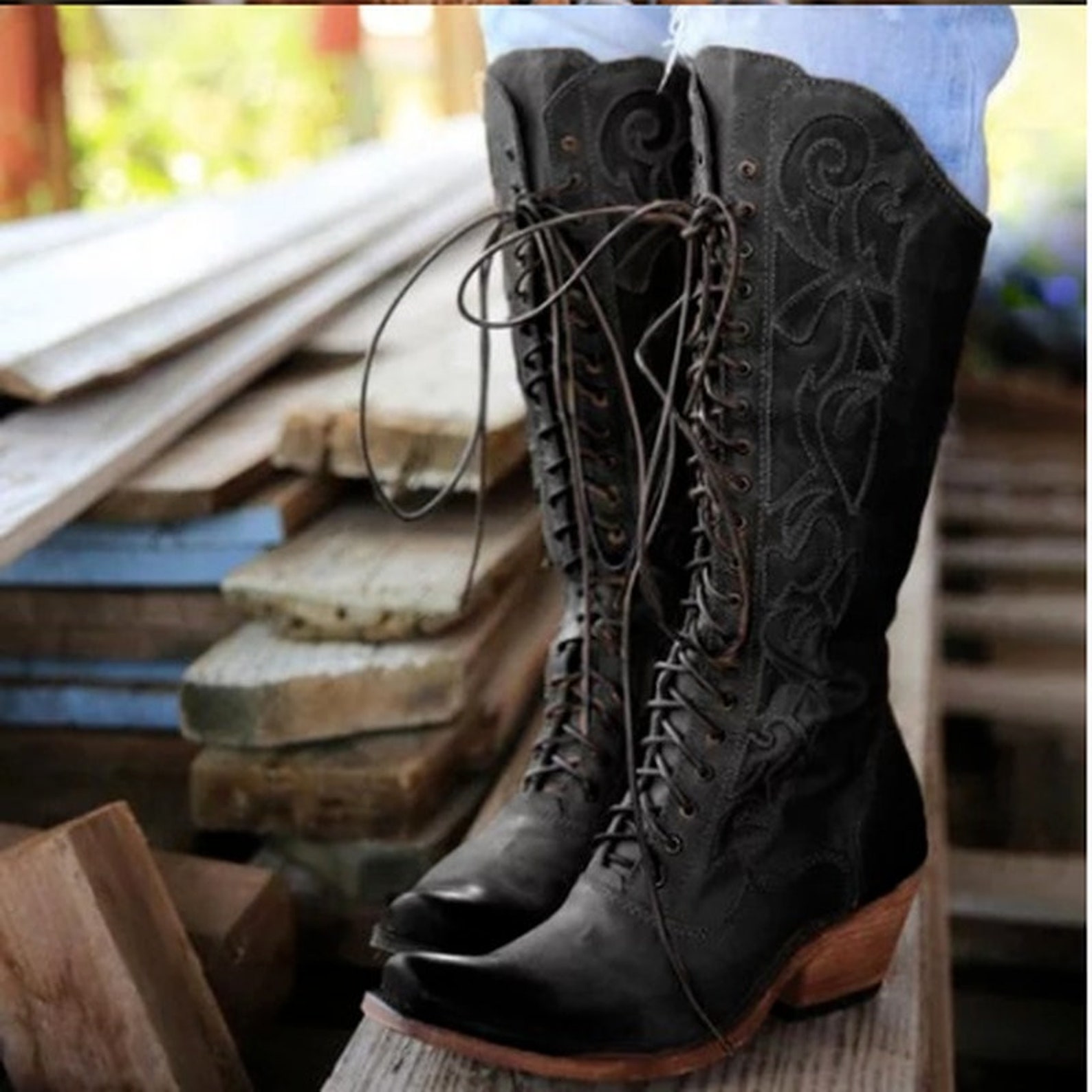 Ladies Kneelength Boots Gladiator Thick High Heels Warm Etsy