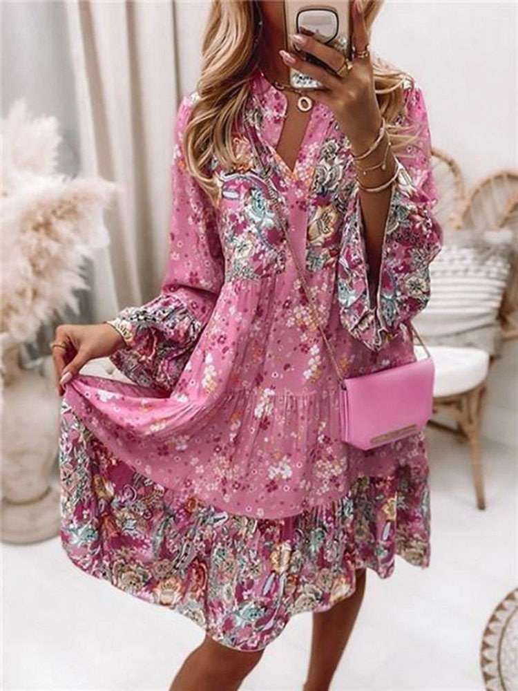 Elegant Retro Floral Print Flare Sleeve Mini Dress Spring - Etsy