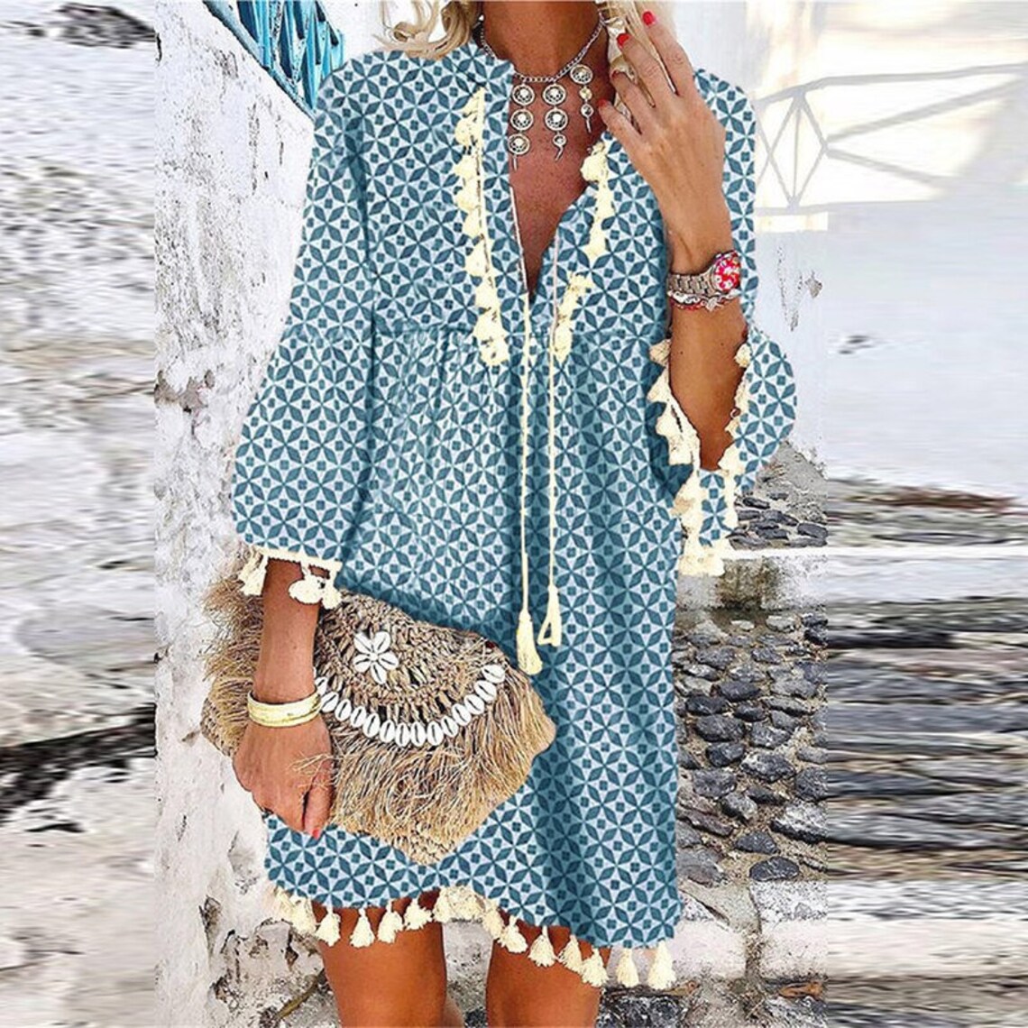 Vintage Tassel Beach Dress Women Summer Floral Print 3/4 Etsy