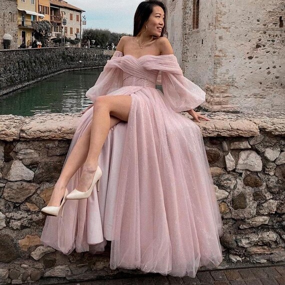 Pink Shiny Tulle Prom Dresses off the Shoulder Long Puff Etsy