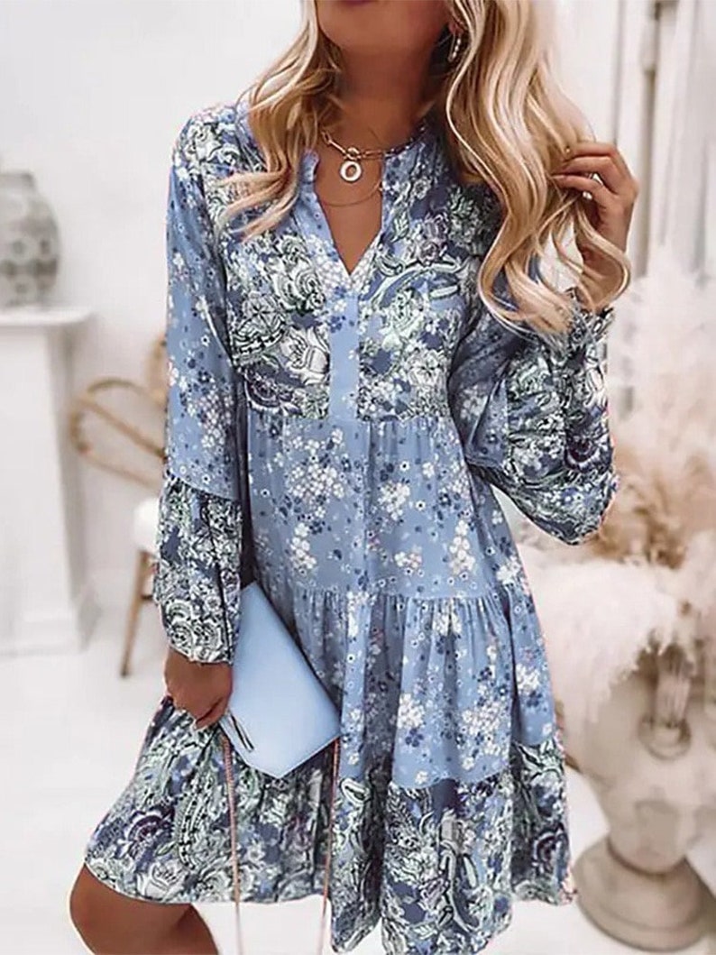 Elegant Retro Floral Print Flare Sleeve Mini Dress Spring Etsy