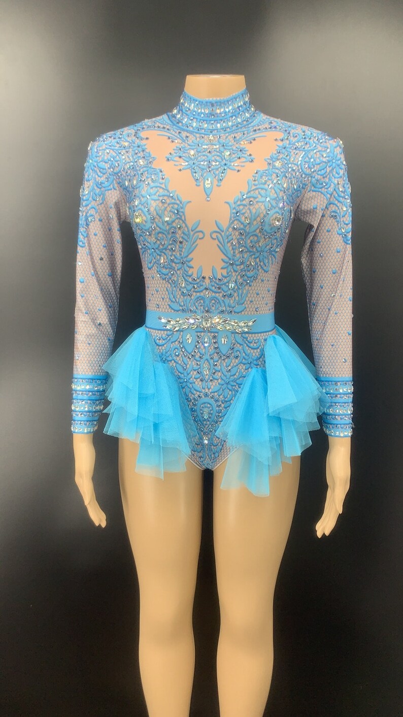 Sparkly Rhinestones Bodysuit Women Elastic Pink Mesh Ruffles Etsy