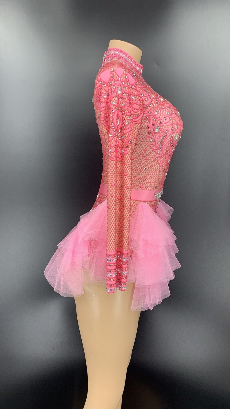 Sparkly Rhinestones Bodysuit Women Elastic Pink Mesh Ruffles Etsy