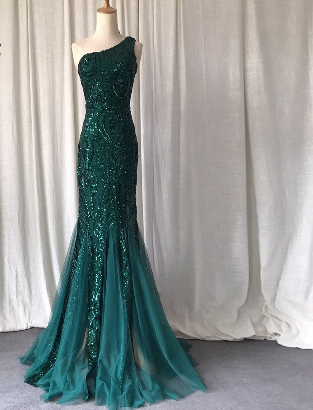 One Shoulder Emerald Evening Dresses Green Sequined Long Etsy
