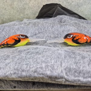 May include: Two orange and black fishing lures with yellow bellies and clear plastic lips are displayed. The lures are designed to mimic baitfish, with detailed paintwork and a realistic appearance. They are placed on a textured gray surface.
