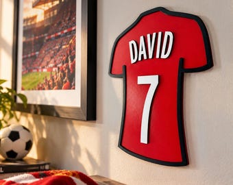 Personalised Football Shirt Sign, Custom Name & Number, 3D Printed Plaque, Birthday Gift for Football and Soccer Fans