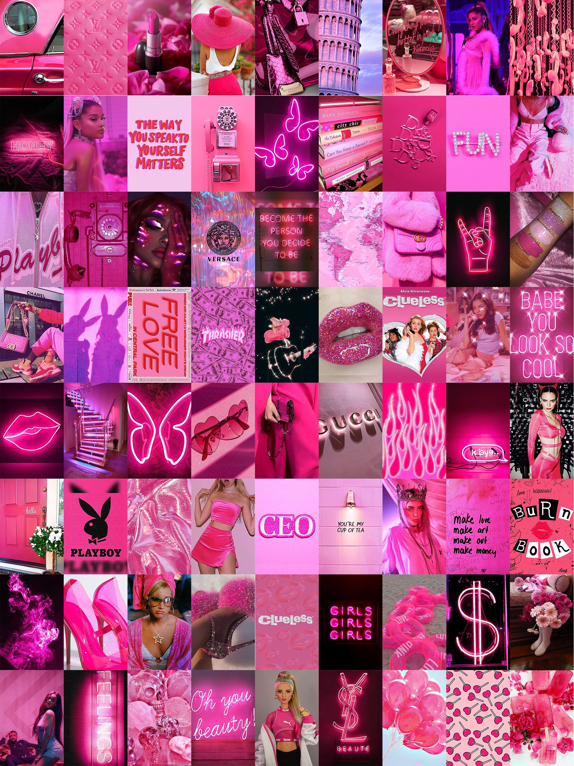 Y2K Pink Aesthetic Photo Prints 72 Pcs Neon Pink Wall Collage Kit