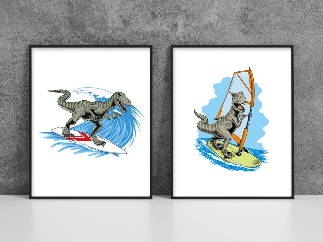 Watersport Prints Dinosaur Windsurfing Dinosaur Surfing Trex Sport Gift for Seaside Room Decor