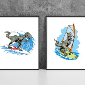 Surfer Drucke Dinosaurier Windsurfen Druck Dinosaurier Surfen Druck T-Rex Surfing Themed Zimmer Dekoration Tier Wand Kunst Geschenk für Surfer Liebhaber
