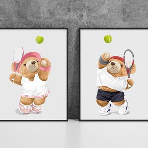 Tennis Bears Art Prints Set: Kids Room Decor, Motivational Sports Gift