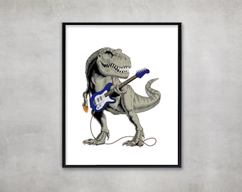 Dinosaur Guitarist Print: Rock Music Animal Wall Art