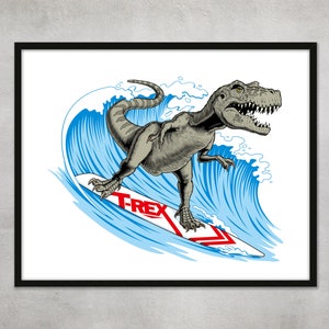 Surfing Themed Geschenk Dinosaurier Surfen Druck für Kinderzimmer Dekor Inspirational Custom T-Rex Sport Print Tier Wand Kunst Geschenk für Surfing Lover