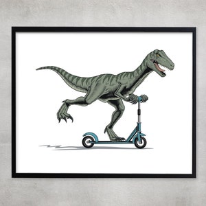 Impresión de dinosaurio montando patinete, regalo para amantes de los patinetes, impresión de patinete personalizada para amantes de los deportes, decoración de guardería, impresión de arte de pared de animales, regalo para niños