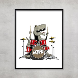 Impression dinosaure batteur : affiche de musique de chambre d&#39;enfant originale - Dash Dino
