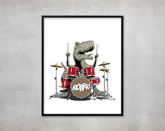 Dinosaur Drummer Print: Quirky Kids Room Music Poster - Dash Dino