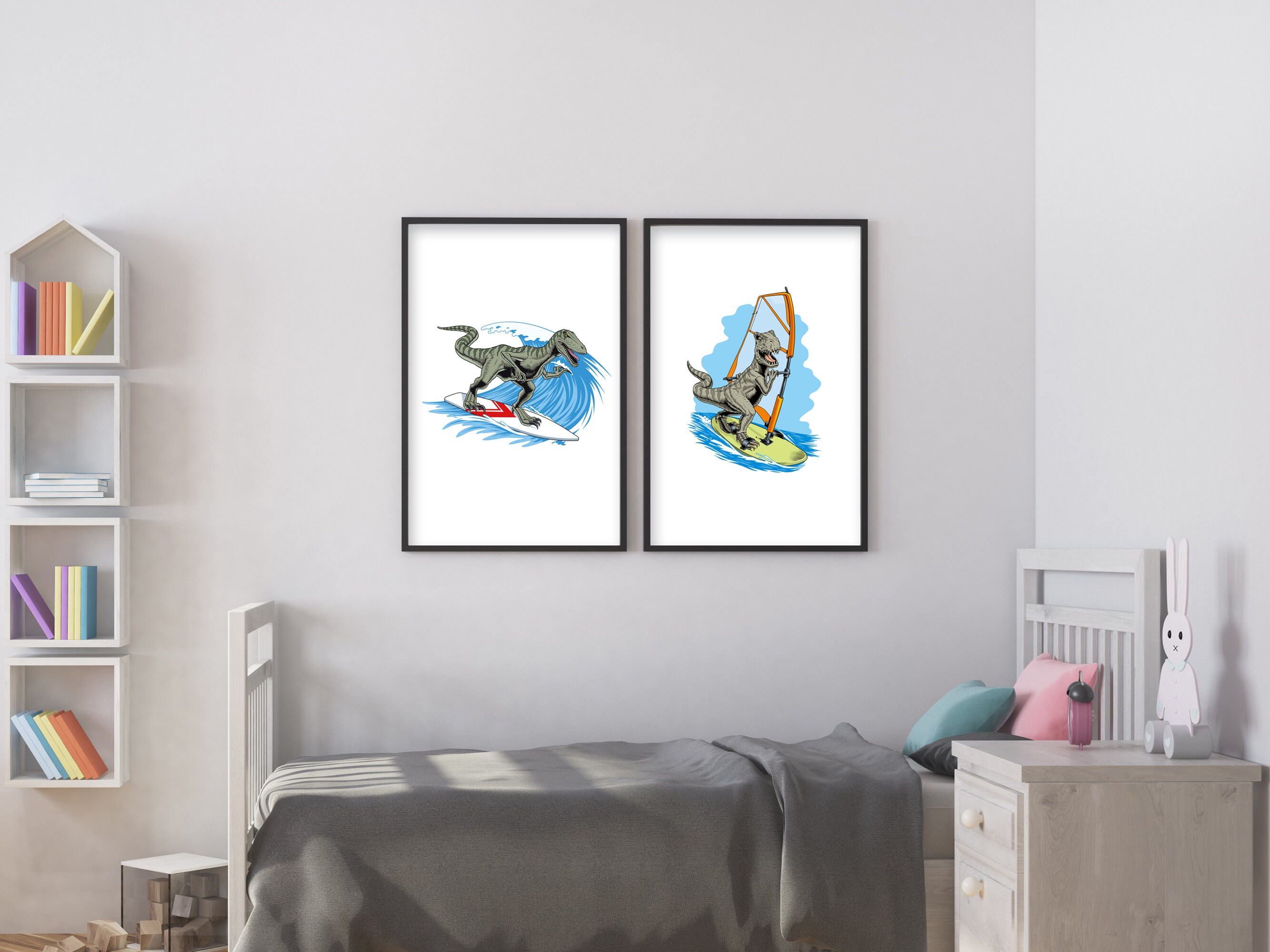 Watersport Prints Dinosaur Windsurfing Dinosaur Surfing Trex Sport Gift for Seaside Room Decor