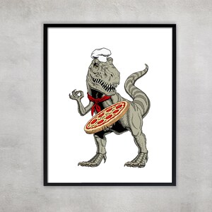 Dinosaur Pizza Chef Print: Quirky Kitchen Decor, Foodie Gift