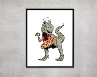 Dinosaur Pizza Chef Print: Quirky Kitchen Decor, Foodie Gift