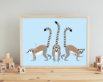 Lemur Family Print: Jungle Safari Children Room Wall Art, Gift for Animal Lover