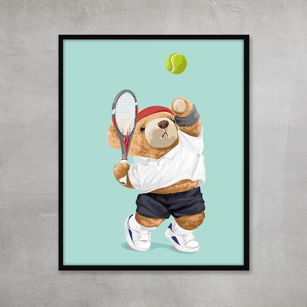 Tennis Sport Print Bear Boy Playing Tennis Sport Poster Gift Boy Room Decor Custom Tennis Print Gift for Tennis Lover Nursery Room Decor