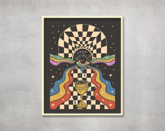 The all-seeing eye with a goblet, Retro Hippy Art Print, Psychedelic Illustration, Optical Illusion Wall Art, Mysterious Quirky Arty Gift