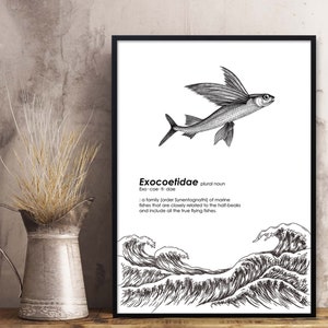 Vintage Flying Fish Print: Quirky Sea Animal Wall Art