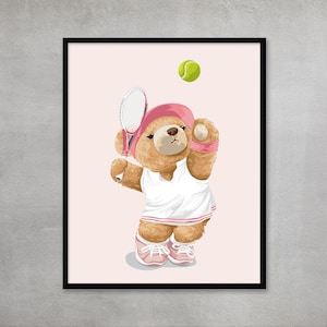 Tennis Sport Print Bear Girl Playing Tennis Sport Poster Inspirational Girl Room Decor Custom Print Gift for Tennis Lover Nursery Room Decor