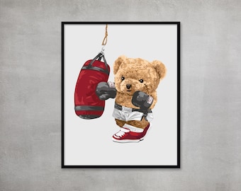 Boxing Bear Art Print: Inspirational Gym Décor, Gift for Boxing Lover, Customizable