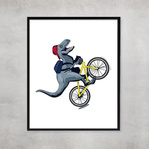 Cartel deportivo regalo dinosaurio montar bicicleta impresión regalo para niño ciclista personalizado dinosaurio deporte impresión cumpleaños impresión regalo para el amante del ciclismo