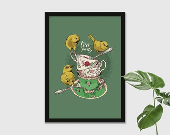 Birds Tea Party Art Print: Vintage Style Tea Room Décor Gift