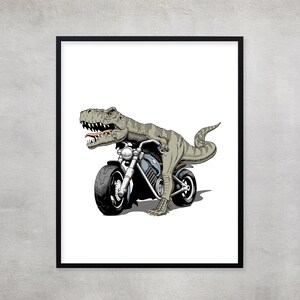 May include: A green and gray dinosaur riding a black motorcycle. The dinosaur has a toothy grin and is wearing a black leather jacket.
