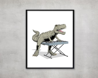 Cadeau voor muziekliefhebber: print dinosaurus bespelen toetsenbord, inspirerende muurkunst - Dash Dino