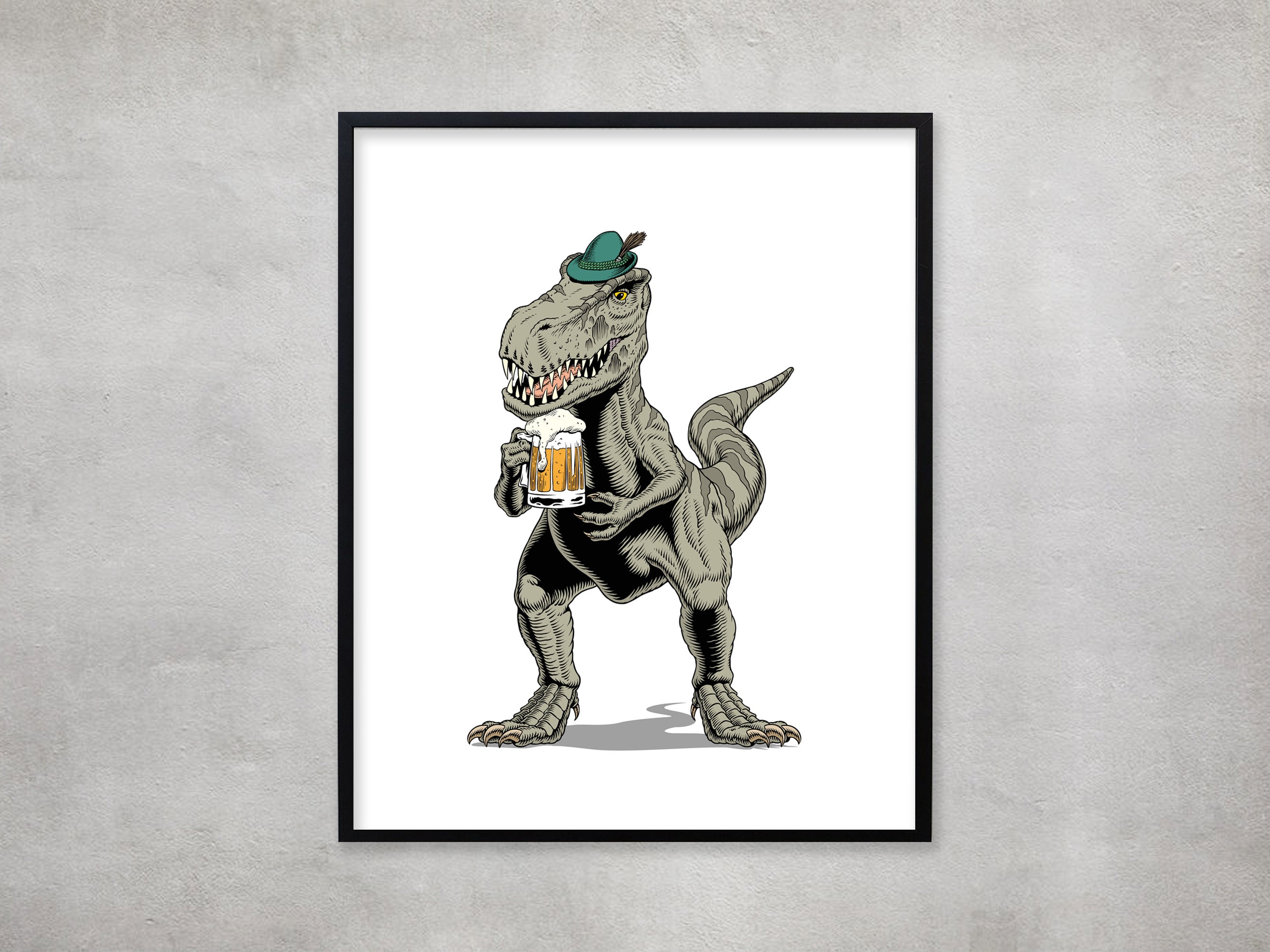 Gift for Beer Lover: Dinosaur Drinking Beer Print, Quirky Wall Art – Dash Dino