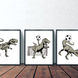 Dinosaur Football Prints Set: T-Rex Kids Room Decor, Animal Wall Art