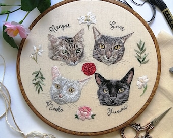 Multiple embroidered pet portrait, Custom multiple embroidery, Pet portraits, Hand embroidered pet portrait, Art commission, Custom pet art