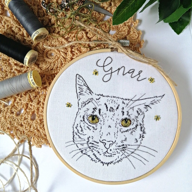 Hand embroidered outlined pet portrait, Pet embroidery, Pet line art, Pet art commission, 4 pet portrait image 1