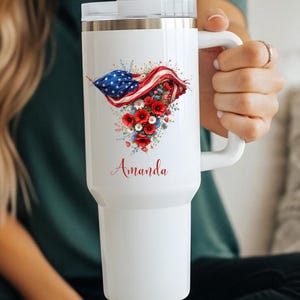 4th of July Floral American Flag 40 oz Custom Tumbler | Independence Day Tumbler | Travel Mug | 4th of July Gift | Patriotic Tumbler