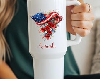 4th of July Floral American Flag 40 oz Custom Tumbler | Independence Day Tumbler | Travel Mug | 4th of July Gift | Patriotic Tumbler