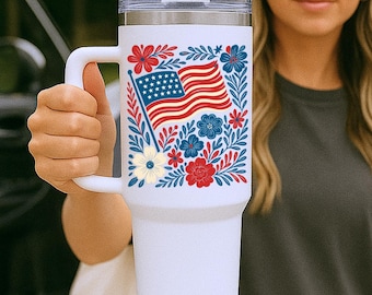 4th of July Floral American Flag 40 oz Custom Tumbler | Independence Day Tumbler | Travel Mug | 4th of July Gift | Patriotic Tumbler