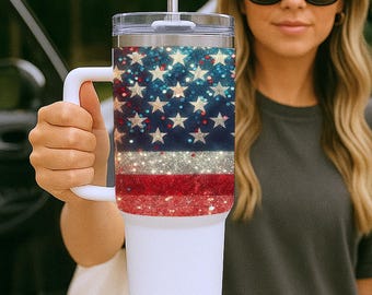 4th of July American Flag 40 oz Tumbler | Independence Day Tumbler | Glitter Tumbler | Patriotic Tumbler | USA Flag Cup | Travel Mug