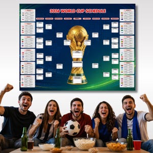 May include: A 2026 World Cup schedule poster featuring a golden trophy and a bracket layout. The poster is displayed above a group of excited fans, celebrating with a soccer ball, snacks, and drinks.