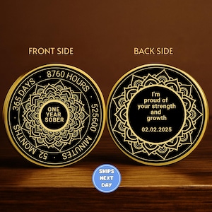 Personalized Sobriety Coin One Year | Mandala AA Chip | Custom Recovery Token | Gold Sober Birthday Gift | Celebrate Sobriety Milestones